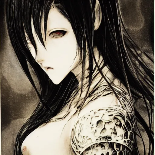 Image similar to Yoshitaka Amano realistic illustration of an anime girl with black eyes, wavy white hair fluttering in the wind and cracks on her face wearing Elden ring armour with engraving, abstract black and white patterns on the background, noisy film grain effect, highly detailed, Renaissance oil painting, weird portrait angle, blurred lost edges, three quarter view