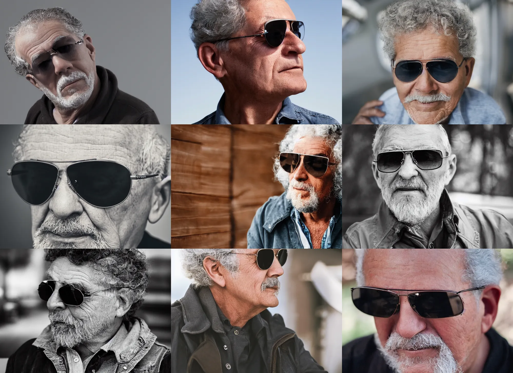 Prompt: an old man with curly gray hair wearing dark aviator sunglasses