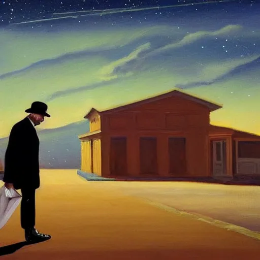 Image similar to a painting of a man walking down a lonely street on another planet and the sky is covered in stars, the head of the man is a skull, he is wearing a suit, in the style of edward hopper, 4 k,