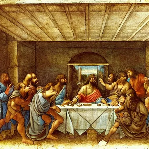 Prompt: neanderthals enacting the last supper by leonardo da vinci, jesus in the middle