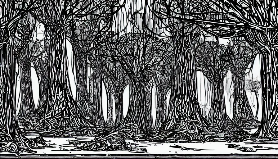 Image similar to alien ruins between towering red trees, dark, vector style drawing