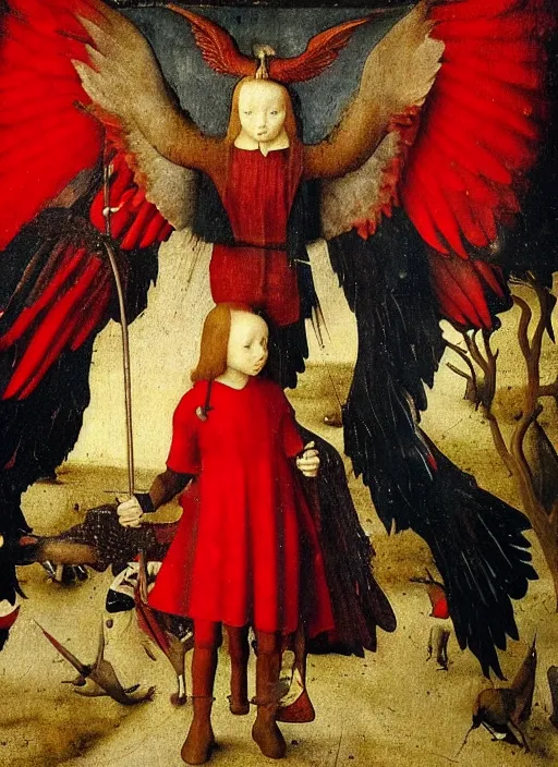 Image similar to fallen angels dressed in red with wings by Jan van Eyck, Hieronymus Bosch, Johannes Vermeer 4k post-processing, highly detailed medieval painting