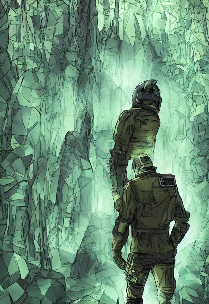 Image similar to A modern comic book cover of an android soldier wearing a trench coat and high tech glowing boots, with back to the camera, in a forest made of crystal, looking up at a crystal temple with a tower glowing in the fog