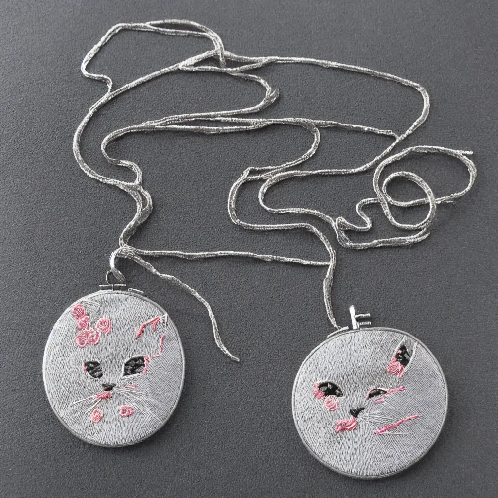 Image similar to Silver embroidered amulet, realistic, clean, cat,