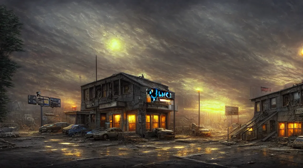 Prompt: highly detailed photography of a post - apocalyptic police station, in the style of patrick commercy and thomas kinkade, photorealistic, trending on artstation, organic architecture, hyperrealistic landscape, city buldings background