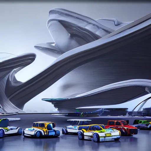 Prompt: sci-fi cars 30% of canvas in center and wall near structure on the coronation of napoleon painting and digital billboard in the middle and everything in style of zaha hadid and suprematism forms unreal engine 5 keyshot octane artstation trending ultra high detail ultra photo realistic 8k 16k in plastic dark tilt shift