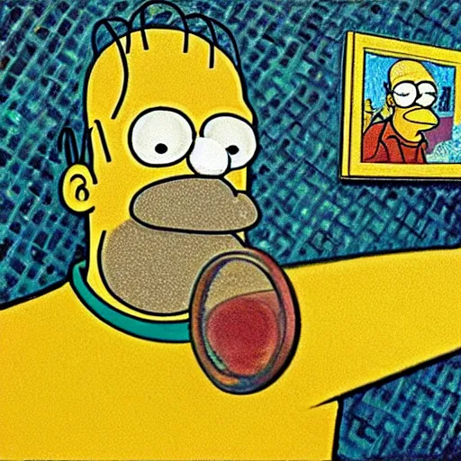 Image similar to portrait of homer simpson, mash - up between mc escher and vincent van gogh