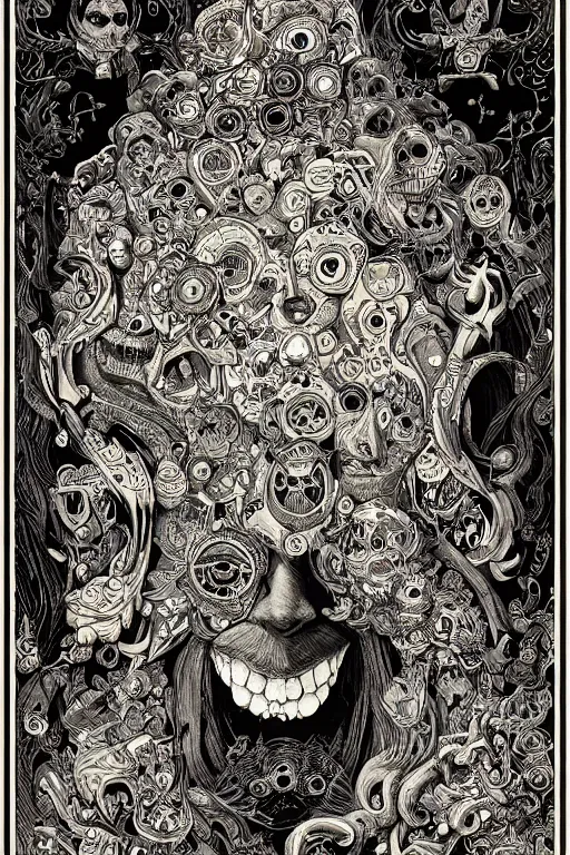 Image similar to portrait of thousands of cartoon faces that are made up of faces, black paper, baroque, rococo, tarot card with ornate border frame, marc Simonetti, paul pope, peter mohrbacher, detailed, intricate ink illustration