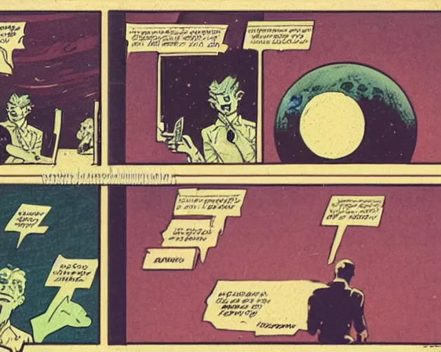 Prompt: two panels from a 1 9 3 0's comic book showing a cellphone, in front of a big moon, illustration, wide shot, muted colors, post grunge, concept art by josan gonzales and wlop, david rubin, mike mignola, laurie greasley, highly detailed, sharp focus, trending on artstation, hq, deviantart, art by artgem