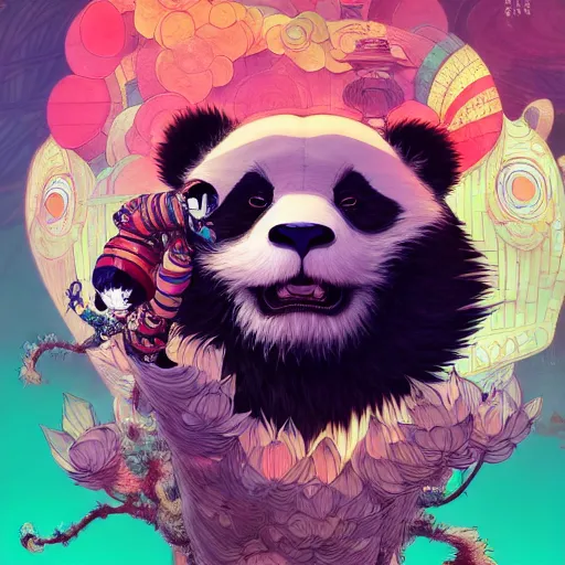 Image similar to a beautiful hyperdetailed character design 4 k wallpaper illustration of a cute panda with a chinese lion dance head victo ngai cyberpunk style, from china, style of studio ghibli, makoto shinkai, raphael lacoste, louis comfort tiffany, artgerm, james jean, ross tran, chinese style