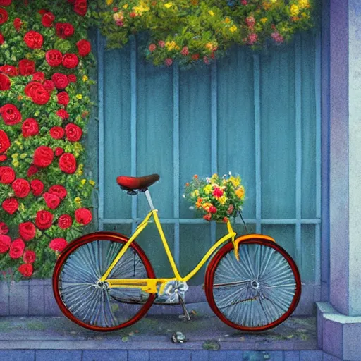 Image similar to a beautiful storybook painting of a vintage yellow Schwinn bicycle with a basket of red roses on the front propped up against a blue wall, anime style by Grzegorz greg rutkowski and Studio Ghibli, nostalgic heart-warming, trending on artstation hq