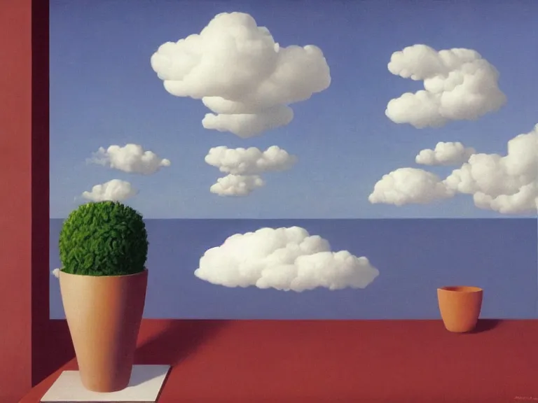Image similar to room with cloud wallpapers, painting by rene magritte, centered, high detail, high resolution
