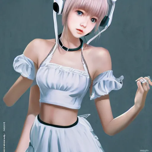 Image similar to realistic detailed semirealism beautiful gorgeous cute Blackpink Lalisa Manoban wearing white camisole maid outfit maid costume, white hair white cat ears blue eyes, headphones, black leather choker full HD 4K high resolution quality WLOP, Aztodio, Taejune Kim, Guweiz, Pixiv, Instagram, Artstation