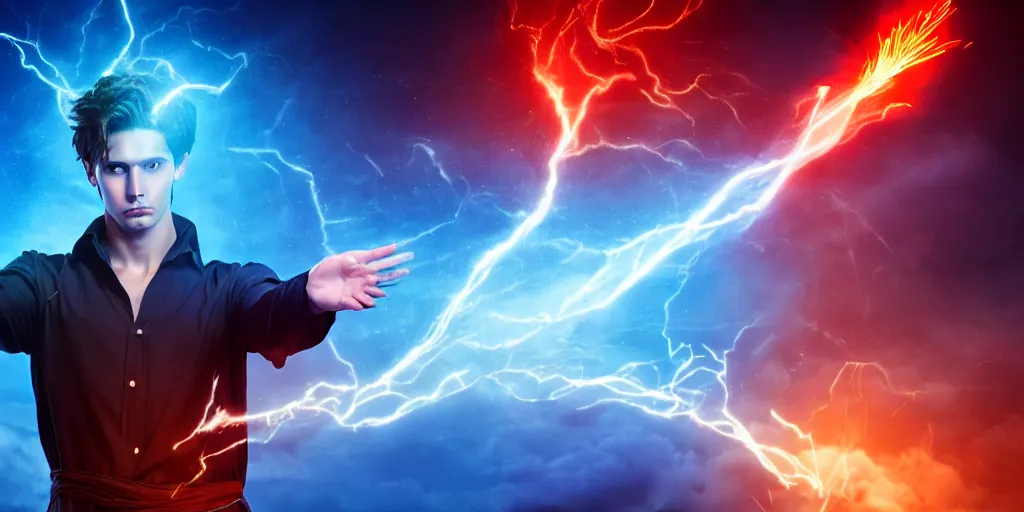 Prompt: epic scene of a handsome male sorcerer with brown hair, he is casting a blue and red spell that is emanating from his hands, heroic pose, medium shot, waist up, epic composition, post processing, cinematic poster