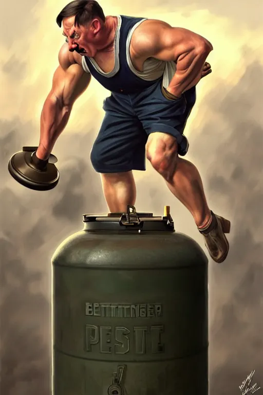 Image similar to clear portrait of adolf hitler benchpressing a big gas container, cottagecore!!, background hyper detailed, character concept, full body, dynamic pose, intricate, highly detailed, digital painting, artstation, concept art, smooth, sharp focus, illustration, art by artgerm and greg rutkowski and alphonse mucha