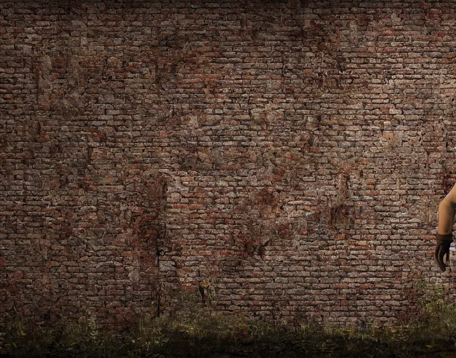 Image similar to mario hiding behind a brick wall, resident evil, silent hill, beautiful texture, beautiful graphics, fantasy artwork, very beautiful scenery, hd, hdr, ue 5, ue 6, unreal engine 5, cinematic 4 k wallpaper, 8 k, ultra detailed