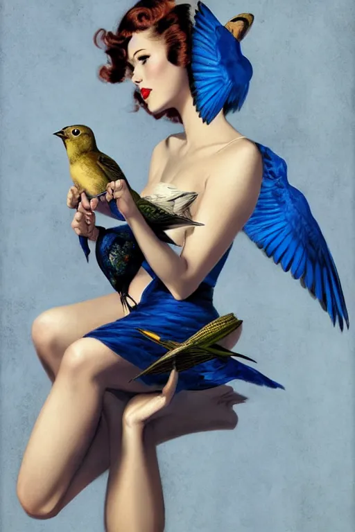 Image similar to pinup girl holding an indigo bunting, bird, the bird is wearing a bowtie, by greg rutkowski, rossdraws, gil elvgren, enoch bolles, anime, porcelain skin, very coherent