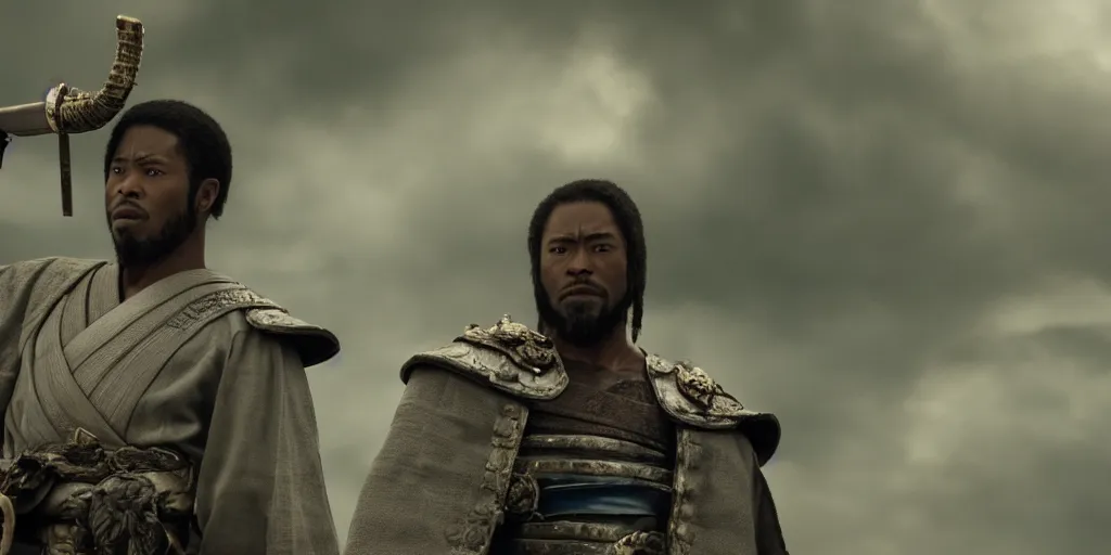 Image similar to a film still of a black man starring in a japanese blockbuster film as an ancient samurai, shallow depth of field, cinematic, award winning cgi, vfx, film still