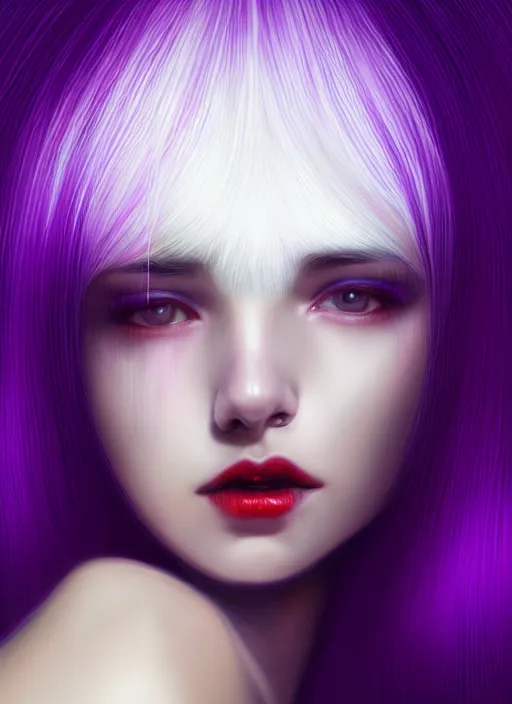 Image similar to hair whitebangs hair, black hair, whitebangs, portrait of teenage girl with white bangs, red irises, purple clothes, white bangs, bangs are different color from hair, intricate, elegant, glowing lights, highly detailed, digital painting, artstation, concept art, smooth, sharp focus, illustration, art by wlop, mars ravelo and greg rutkowski