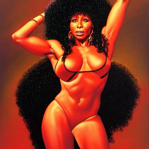 Image similar to chaka khan by clyde caldwell, very detailed, low contrast, dark background, 4 k