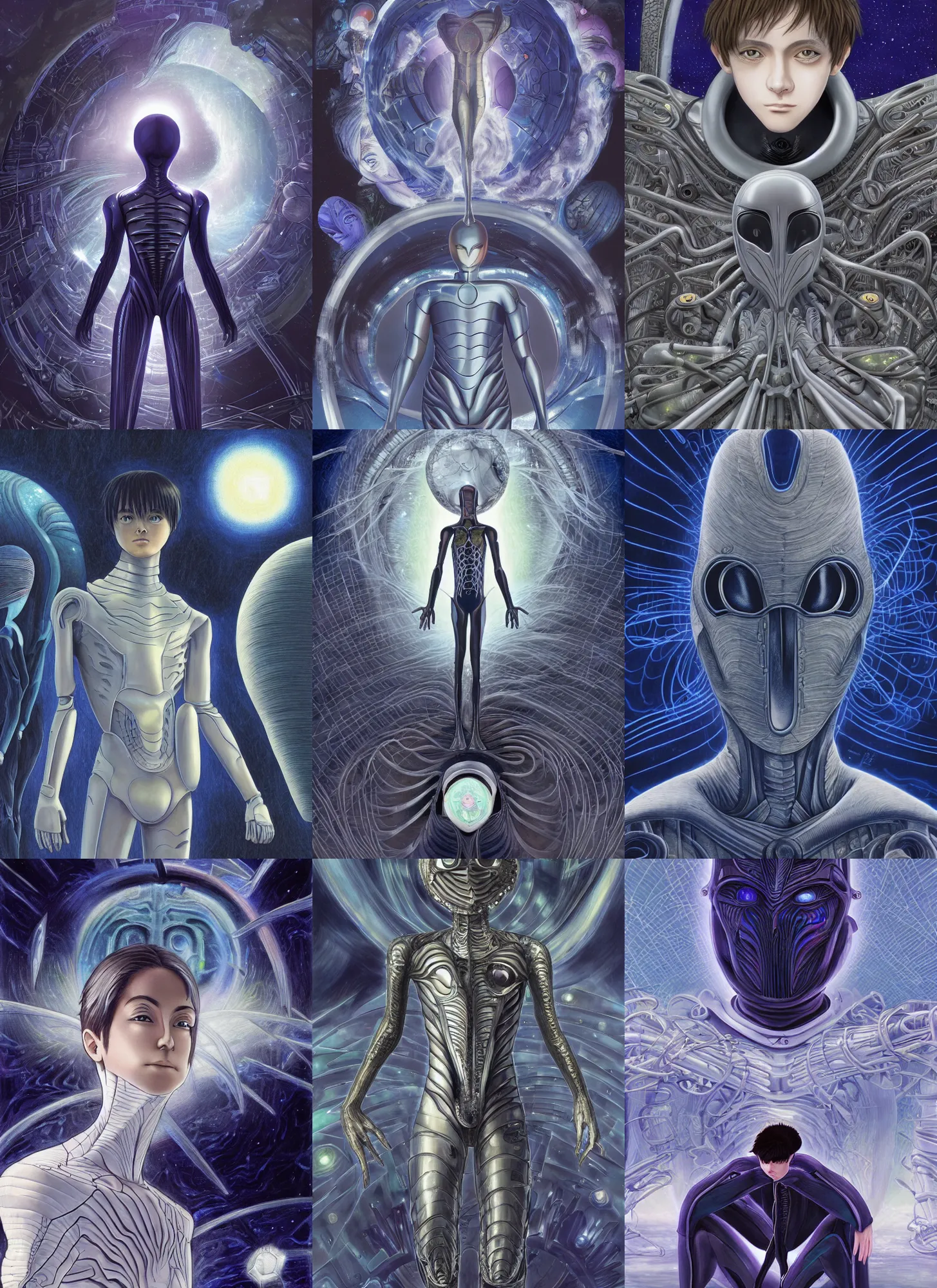 Prompt: a teen male in futuristic suit falls into a dream within a dream within a dream within a dream within a dream, h. r. giger, junji ito, alex grey, salvador dali, fractal, surreal art, semi realistic anime, studio ghibli, makoto shinkai, award winning illustration, masterpiece, trending on pixiv, 8 k