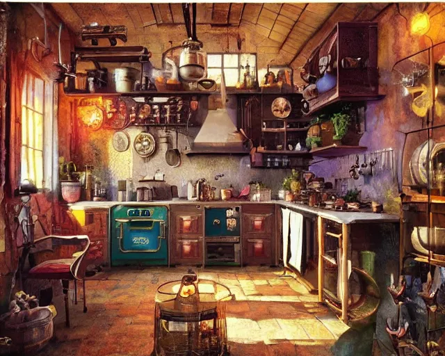 Prompt: IKEA catalogue photo of a steampunk farmhouse kitchen, by Paul Lehr