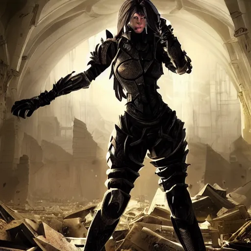 Prompt: hyper detailed ultra sharp full body character portrait of a woman wearing hextech armor standing in a destroyed church, in the style of arcane tv show, muted colors, hyper realistic, very highly detailed, action pose, cinematic lighting, good value control, realistic face details, realistically rendered eyes, photorealistic eyes, smooth, 3 d cgi, cgi, realistic shading, john singer sargent