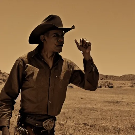 Image similar to Obama as a Cowboy, epic quality, sharp focus, western, movie still, 8k, yellow tint, dramatic,