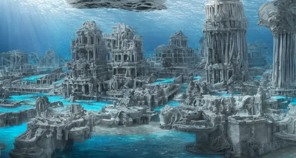 Image similar to an underwater view of the huge lost city of Atlantis, fully built buildings, white marble, hyper detailed, 4K