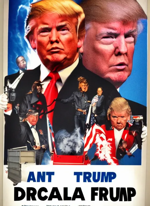 Image similar to an 8 0's john alvin action movie poster of donald trump starring in dumpster fire. explosions.