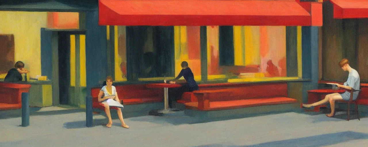 Prompt: an edward hopper - style painting of a hungarian young generation z person sitting on a table bench eating a meal outside at mcdonald's in gyor on saturday mid - summer of 2 0 2 2