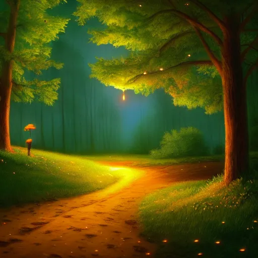 Image similar to fireflies in a forest inspired by Evgeny Lushpin,cottage,sunset,spring,cinematic,trending on ArtStation
