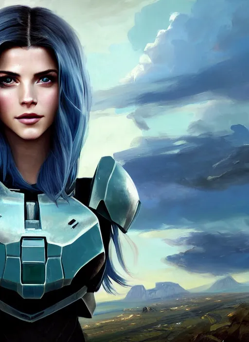 Image similar to portrait of a combination of Ashley Greene, Katheryn Winnick, Victoria Justice and Adriana Dxim, Grace Kelly, and Emma Watson with blue hair wearing Forerunner Armor from Halo, countryside, calm, fantasy character portrait, dynamic pose, above view, sunny day, thunder clouds in the sky, artwork by Jeremy Lipkin and Giuseppe Dangelico Pino and Michael Garmash and Rob Rey and Greg Manchess and Huang Guangjian, very coherent asymmetrical artwork, sharp edges, perfect face, simple form, 100mm