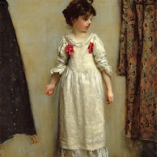 Image similar to victorian girl in nightgown, painting by alfred stevens