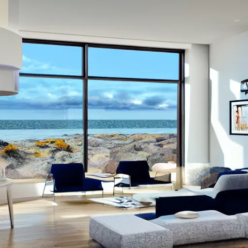 Prompt: modern interior home design, living room with window facing the sea and sun, photorealistic, ultra-detailed, HDR, high resolution