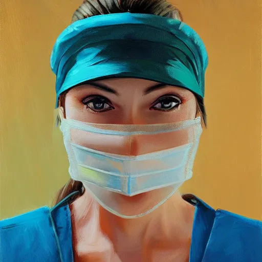 Image similar to A woman in 1980s clothing with a visor on her face and wearing a surgical mask, gucci catwalk, oil painting, digital art, ultradetailed, artstation