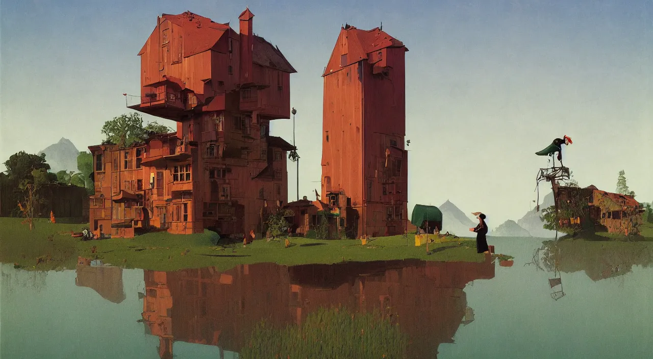 Prompt: single flooded simple falling leaning weird strange odd wooden tower, very coherent and colorful high contrast!! masterpiece by rene magritte simon stalenhag carl spitzweg syd mead norman rockwell edward hopper james gilleard, minimalist, dark shadows, sunny day, hard lighting