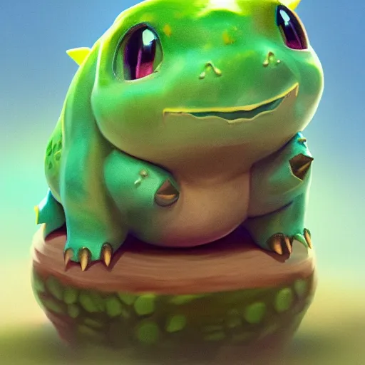 Image similar to aesthetic portrait of bulbasaur, hyperrealistic, super cute, character design, artstation, 4 k, ultra detailed digital art