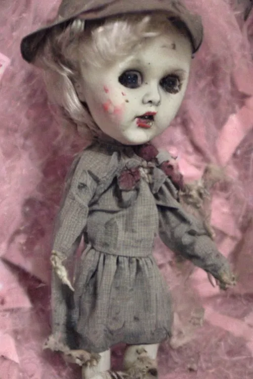 Prompt: dirty cracked screaming vintage doll maggots in eyes sitting in darkly lit dusty basement cobwebs old photo
