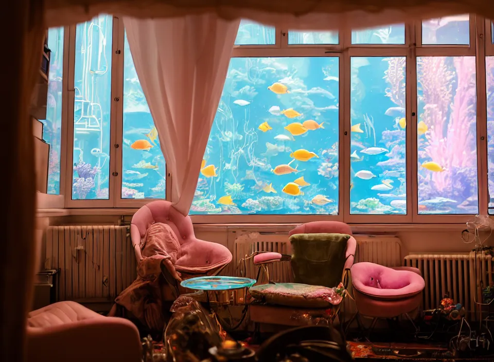 Image similar to telephoto 7 0 mm f / 2. 8 iso 2 0 0 photograph depicting the feeling of chrysalism in a cosy cluttered french sci - fi ( art nouveau ) cyberpunk apartment in a pastel dreamstate art cinema style. ( aquarium, computer screens, window ( city ), fish tank, lamp ( ( ( armchair ) ) ) ), ambient light.