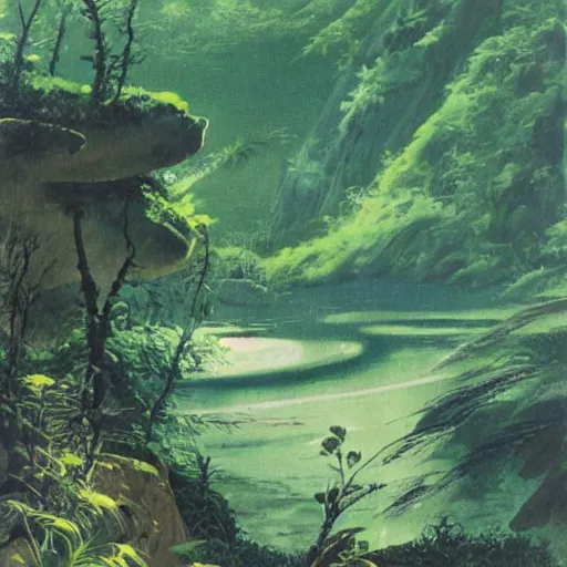 Prompt: painting of a lush natural scene on an alien planet by hiroshi yoshida. beautiful landscape. weird vegetation. cliffs and water.