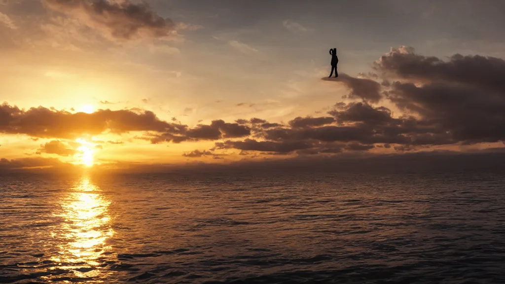 Prompt: a dramatic movie still of a man standing on the roof of a car driving through the ocean at sunset, golden hour