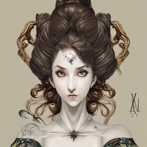 Image similar to portrait of lady dimitrescu, baroque style, elegant, beautiful, mesmerizing, concept art, fancy clothing, highly detailed, artstation, behance, deviantart, inspired by innocent manga, inspired by castlevania concept art, trending, ayami kojima, shinichi sakamoto