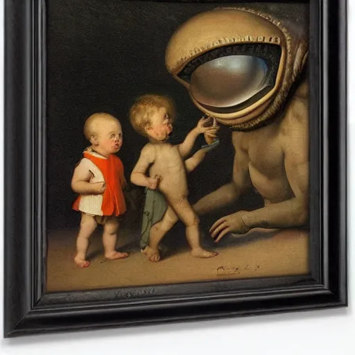 Image similar to alien kid see a human kid for the first time, maury, fink, aiken. by adriaen van ostade.