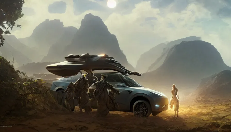 Image similar to a militarised electric suv designed by tesla driving through socotra island, artgerm and greg rutkowski and alphonse mucha, an epic fantasy, volumetric light, detailed, establishing shot, an epic fantasy, trending on art station, octane render, midsommar