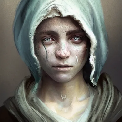 Image similar to Epic portrait A homeless female, sad, tearing up, dirty clothes, dirty face, digital painting, artstation, concept art, soft light, hdri, smooth, sharp focus, illustration, fantasy, intricate, elegant, highly detailed, D&D, matte painting, in the style of Greg Rutkowski and Alphonse Mucha and artemisia, 8k, highly detailed, jurgens, rutkowski, bouguereau, pastoral, rustic, georgic