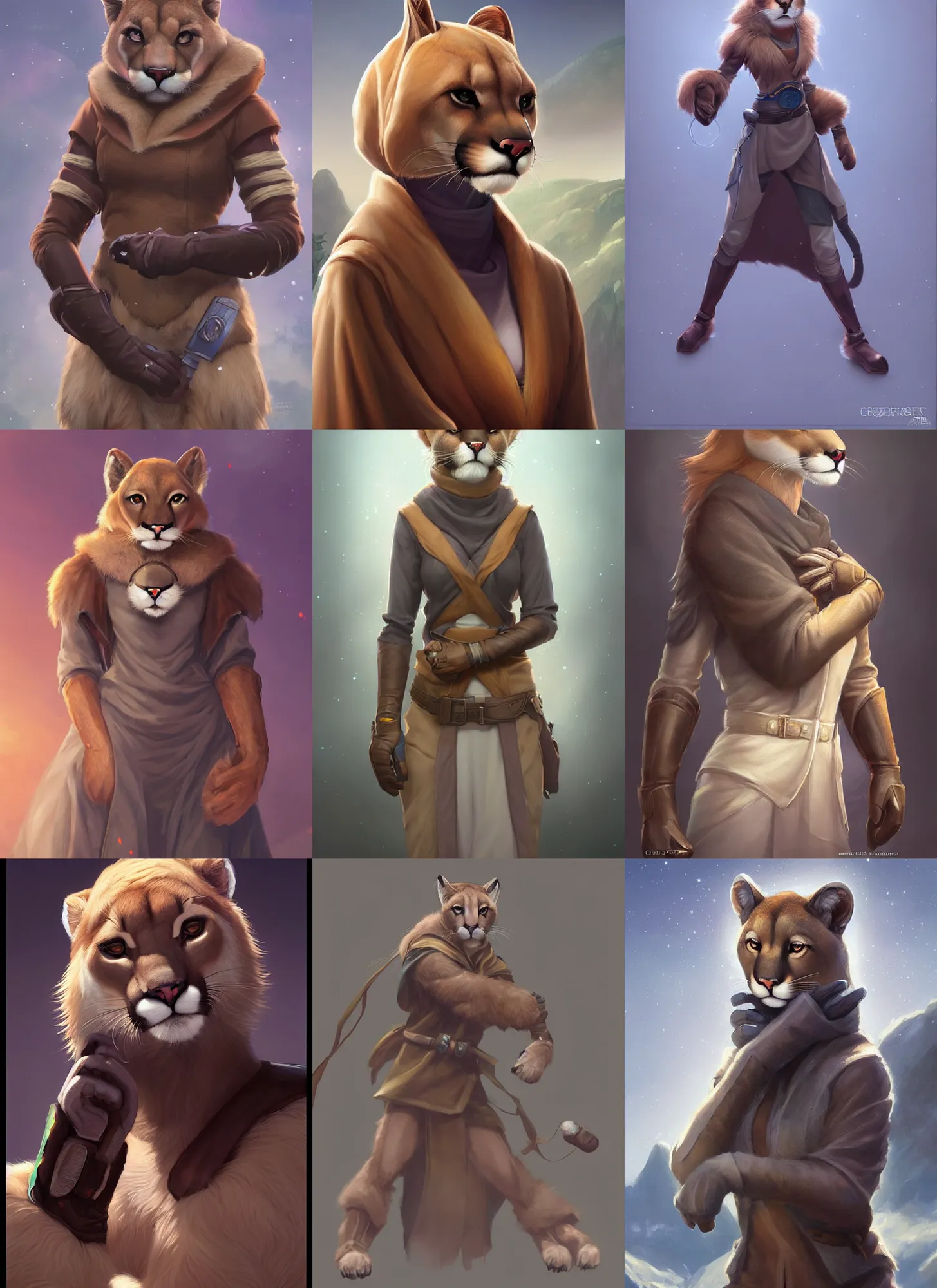 Prompt: beautiful portrait of a female anthropomorphic mountain lion fursona wearing jedi robes. gloves. character design by charlie bowater, ross tran, artgerm, and makoto shinkai, detailed, soft lighting, rendered in octane