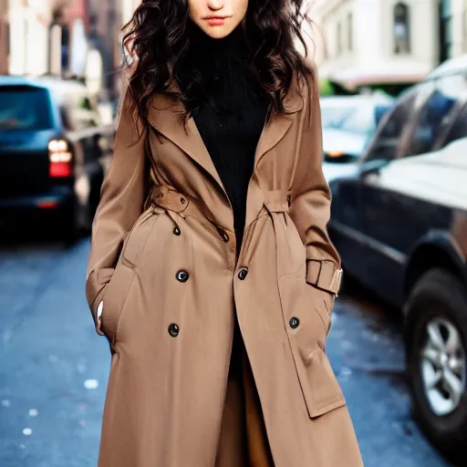 Image similar to portrait of a woman wearing dark brown trench coat with dark brown long hair with bangs walking in new york city