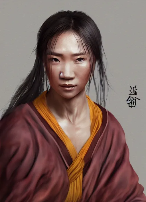 Prompt: female drunken master monk by wlop, wuxia, xianxia, drunken boxing, drunken fist, olive skin, weathered skin, athletic, playful, fully clothed, monk's robe, detailed, realistic, anatomically accurate, fantasy illustration, artstation, wlop.