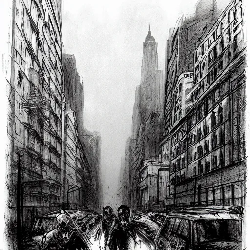 Prompt: zombie horde in new york city, soft gentle fog, drawn by ben templesmith, scary